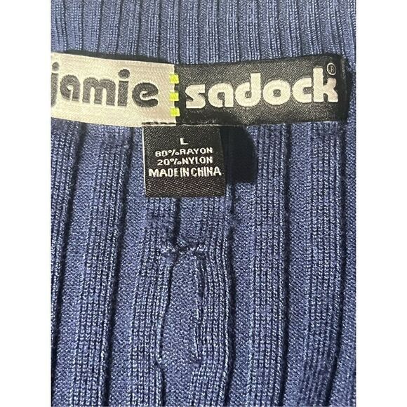 Jamie Saddock Blue Stretchy Ribbed Zip Front & Sleeves black faux leather Trmmed - Picture 7 of 8